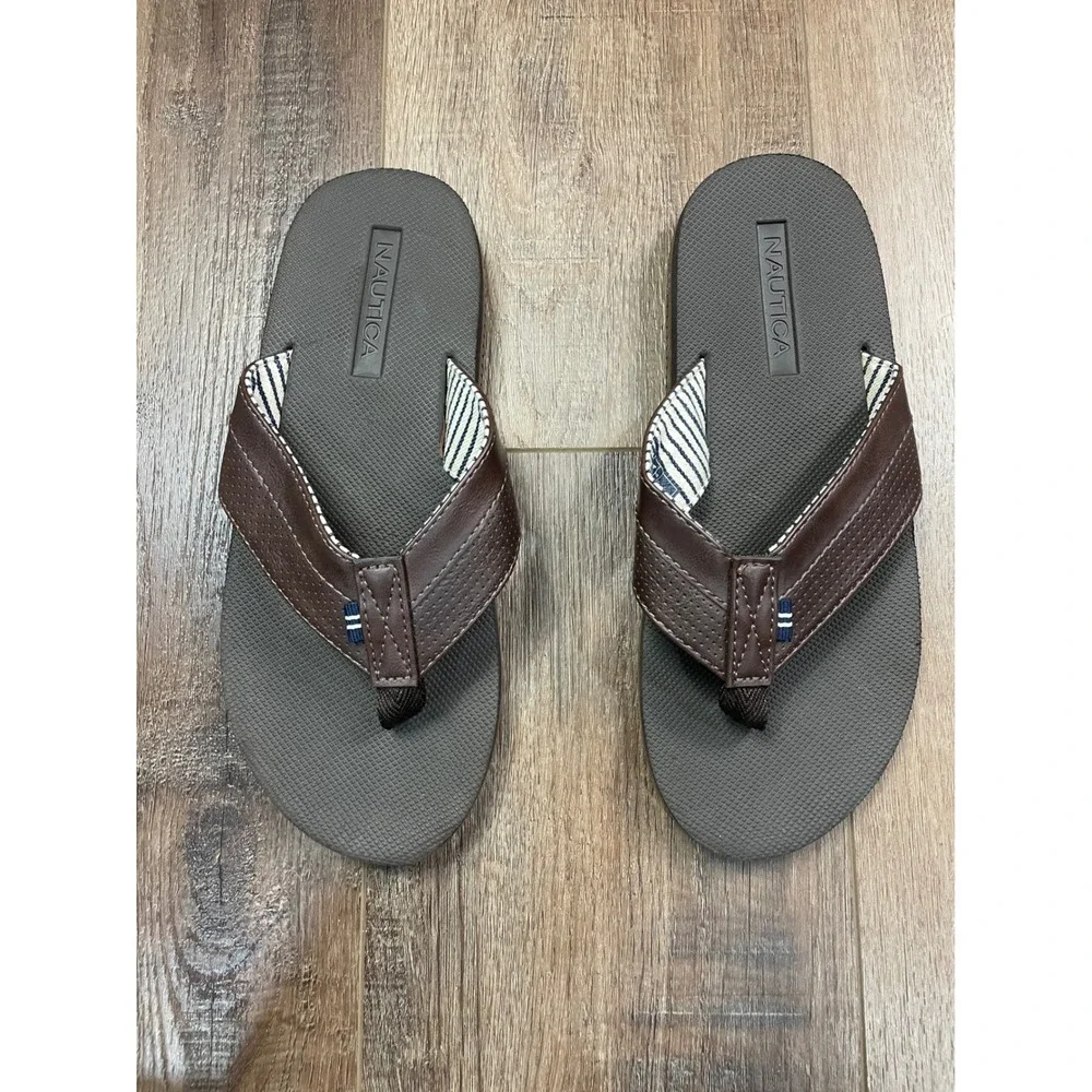 Nautica Clarkson 2 Mens Size 7 Brown Flip Flop Sandals Perforated Leather Thong
